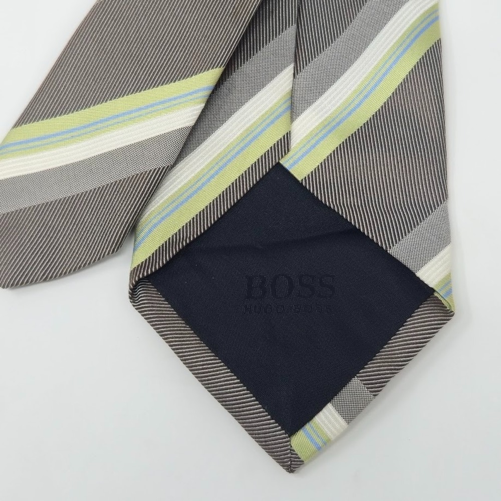 BOSS Hugo Boss Brown/Green Striped 100% Silk Tie - Picture 6 of 6